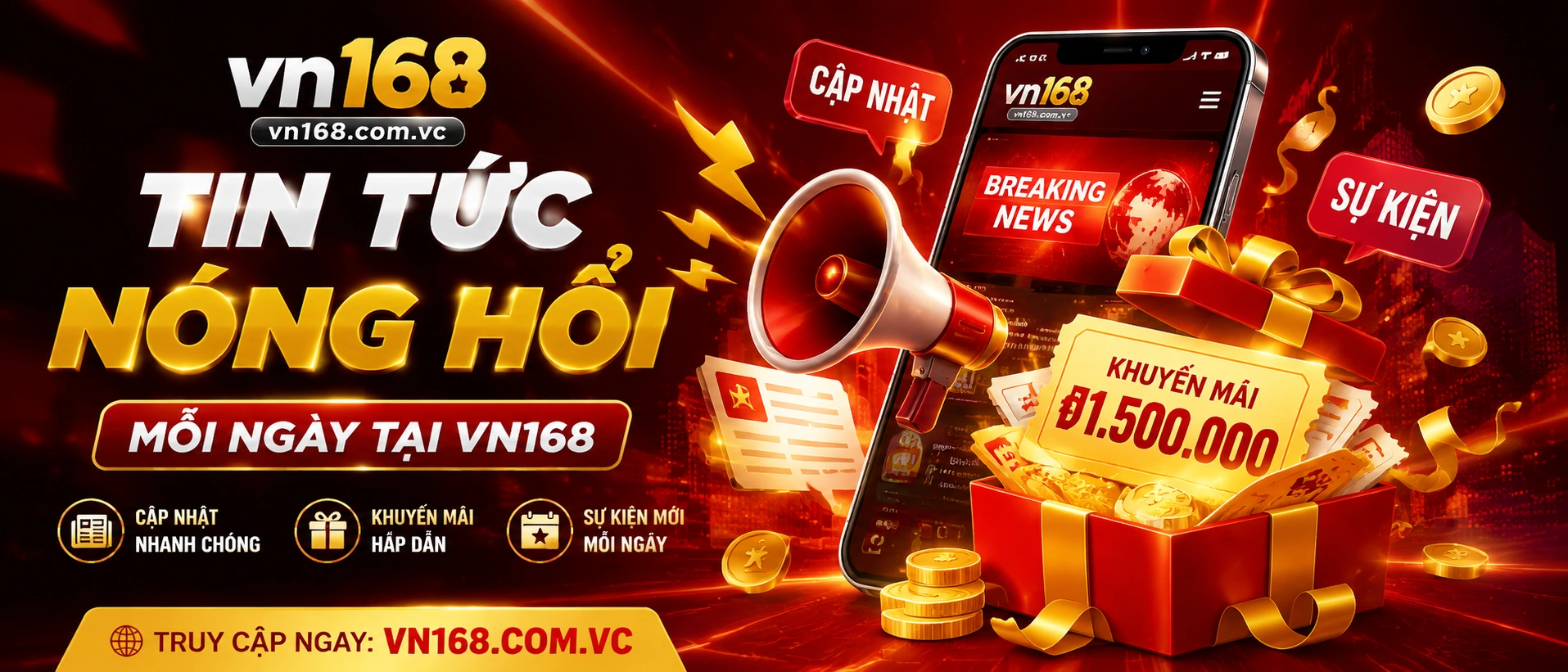 Bản tin mới của VN168 với giao diện thẻ nội dung hiện đại